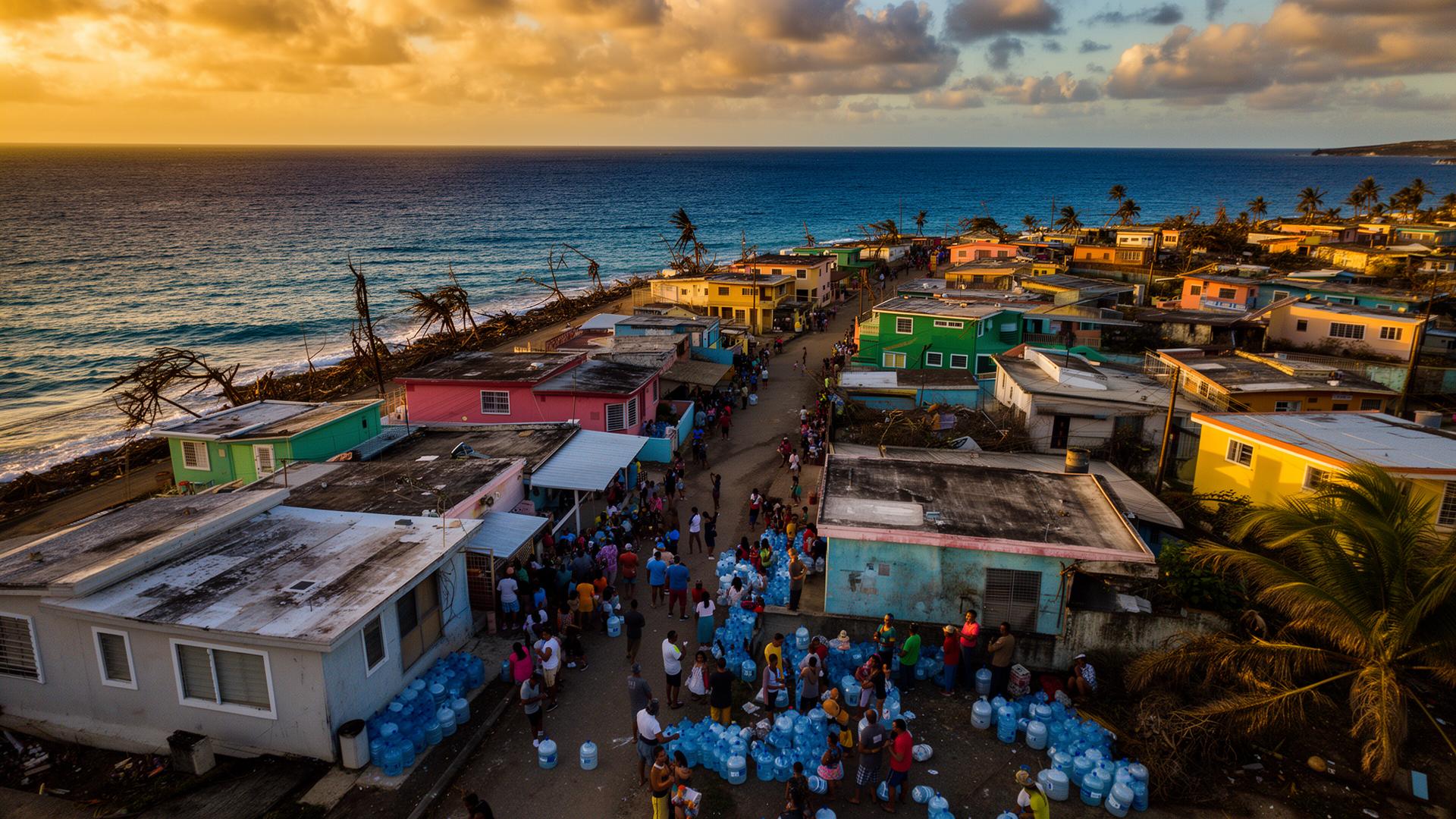 Aerial view of water being distributed in a coastal Puerto Rican town
