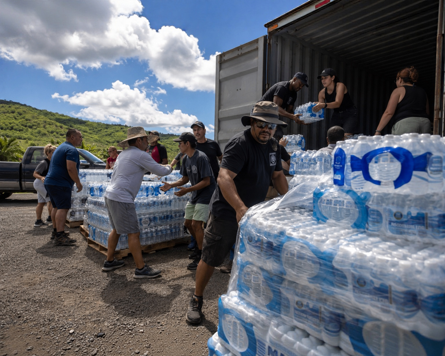 Volunteers loading water onto a truck